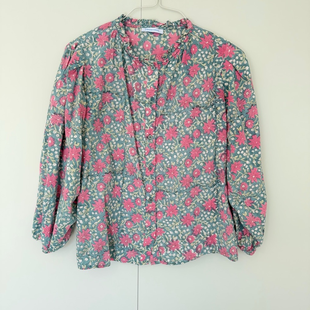 LE BAZAR COASTAL Delphine Floral Block Print Cotton Button up Shirt